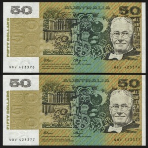 FIFTY DOLLARS, Fraser/Higgins (1990) (R.512) WBV 423376/377, consecutive pair. Uncirculated. (2)