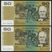 FIFTY DOLLARS,&nbsp;Fraser/Higgins (1990) (R.512) WBV&nbsp;423376/377, consecutive pair.&nbsp;Uncirculated.&nbsp;(2)