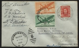 Aerophilately & Flight Covers: 15 May 1946 (AAMC.1044b) Australia - U.S.A. cover flown on the TWA Skymaster "Shamrock" and signed by all members of the crew; with Washington arrival cds's.