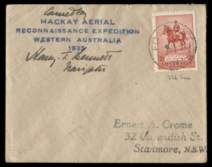 Aerophilately & Flight Covers: 18 July 1935 (AAMC.517, 517a) 3rd MacKay Aerial Survey Expedition flown covers: Oodnadatta - Sydney (1 of 50) and Forrest - Sydney (1 of 5), both with the blue 4-line Expedition cachet; the Forrest cover signed by Harry Bennett, Navigator. (2). Cat. $550+.