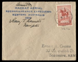 Aerophilately & Flight Covers: 18 July 1935 (AAMC.517, 517a) 3rd MacKay Aerial Survey Expedition flown covers: Oodnadatta - Sydney (1 of 50) and Forrest - Sydney (1 of 5), both with the blue 4-line Expedition cachet; the Forrest cover signed by Harry Benn