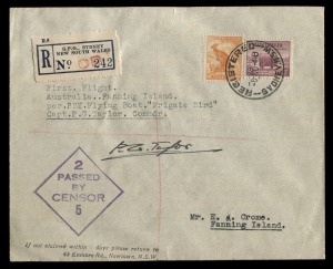 Aerophilately & Flight Covers: 30 Aug.1944 (AAMC.982) Sydney - Fanning Island, registered flown cover, signed and carried by P.G. Taylor on his Catalina Flying Boat "Frigate Bird" with Sydney & Fanning Island backstamps. (15 flown).