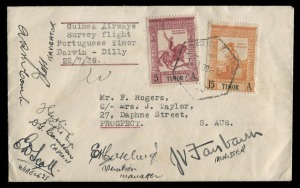 Aerophilately & Flight Covers: 22 July 1939 (AAMC.874) Adelaide - Dili - Adelaide cover flown both ways to Portuguese Timor, carried by Guinea Airways and signed by the crew and the Minister for Civil Aviation (J.V. Fairbairn), who was also on board.