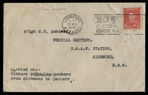 Aerophilately & Flight Covers: 29 Nov. 1938 (AAMC.831b) Sydney - Canberra flown cover (cancelled on arrival), carried by RAF Vickers Wellesley long-range bomber on the first leg of the return flight to England. One of only 2 covers flown; the pilot returning the England by ship after the plane crashed near Derby.