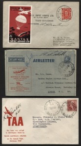 Aerophilately & Flight Covers: THREE SIGNED COVERS: 23 Dec. 1942 (AAMC.950) Sydney - Mornington Is. Christmas Mail cover with vignette, signed by the pilot; 9 Apr. 1946 (AAMC.1038a) 7d Airletter with red Overprint carried on the Qantas "Kangaroo Route" op