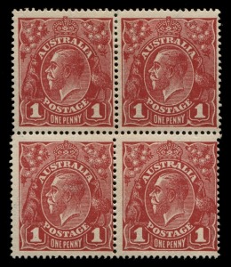 KGV Heads - Large Multiple Watermark: ONE PENNY RED HARRISON PRINTINGS: Plate 4, block of (4) [L53-54/59-60] with Ferns and 'RA' of 'AUSTRALIA' Joined. BW:74(4)ia & j, Cat $950+.