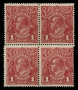 KGV Heads - Large Multiple Watermark: ONE PENNY RED HARRISON PRINTINGS: Plate 4, block of (4) [L53-54/59-60] with Ferns and 'RA' of 'AUSTRALIA' Joined. BW:74(4)ia & j, Cat $950+.