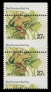 1982 (SG.790) 27c Tree Frog, vertical pair with top margin, showing the "Misplaced perforations" variety listed as BW.938b, the pair valued at $2000. (2).