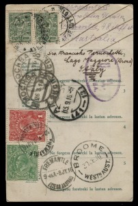 RUSSIA to FREMANTLE via BROOME: 1916 (Apr. 8) use of 2k green Arms pair on Esperanto Card from Moscow to Fremantle (with Broome transit cds) with KGV ½d & 1d added for on-posting to Italy, Moscow; censor handstamp on face. [Broome is an unusual entry port