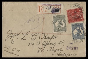 Dec. 1916  registered cover to Los Angeles with KGV 1d Deep Scarlet Analine thin paper, plus 2d Slate & 2½d Indigo 2nd wmk Kangaroos to make correct 5½d international registered rate. All adhesives cancelled by CHARING CROSS NSW cds's of 11 DE 16 and with