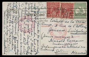 Postal History - World War I - Prisoners Of War Mail: 1915 (Mar.29) use of RP postcard (Warwick Town Hall) with ½d Roo + KGV 1d Reds (2) tied by WARWICK machine cancel and addressed to a POW Officer via the Red Cross in Geneva; with red BRISBANE CENSOR cds (30/3) and red BRISBANE DLO cds (15/4) together with two straight-line UNDELIVERABLE h/stamps, also in red, suggesting the card probably never left Australia.