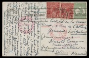 Postal History - World War I - Prisoners Of War Mail: 1915 (Mar.29) use of RP postcard (Warwick Town Hall) with&nbsp;&frac12;d Roo + KGV 1d Reds (2) tied by WARWICK machine cancel and addressed to a POW Officer via the Red Cross in Geneva; with red BRISBANE CENSOR cd