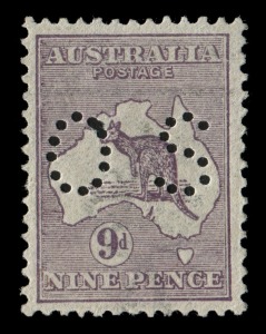 Kangaroos - First Watermark: 9d Pale Violet , perf. small OS, unusually well centred and with good perfs. BW: 24Bbb - $1500++.