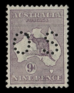 Kangaroos - First Watermark: 9d Pale Violet , perf. small OS, unusually well centred and with good perfs.  BW:  24Bbb - $1500++.