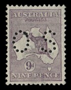 Kangaroos - First Watermark: 9d Pale Violet ,&nbsp;perf. small&nbsp;OS, unusually well centred and with good perfs.&nbsp; BW:&nbsp;&nbsp;24Bbb - $1500++.