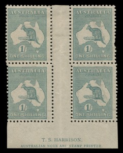 Kangaroos - Third Watermark: 1/- Blue Green (Die IIb) Harrison two-line imprint block (4); BW: 33(4)z, Cat $2500; upper right unit with pulled perf. at right, upper units M, lower pair MUH. 