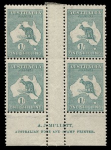 Kangaroos - Third Watermark: 1/- Blue-Green (Die IIb), Mullett Imprint blk.(4) with variety "Break in northern coast of Tasmania" (BW: 33(3)zb - $2000); upper units M; lower units MUH;one pulled perf at upper right and some gum discolouration from long residence in a stockbook.