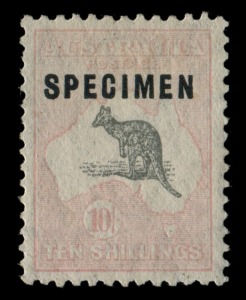 Kangaroos - CofA Watermark: 10/- Grey & Pale Pink, overprinted SPECIMEN Type C; very well centred and fresh MLH. BW:50x - $850.