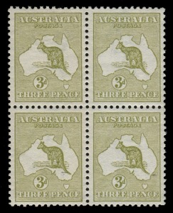 Kangaroos - First Watermark: 3d Olive (Die 1) superbly centred blk.(4); 3 units MUH, 1 M; light gum discolouration (from long storage in a stockbook) affects all units. Delightful frontal appearance! BW: $2350.