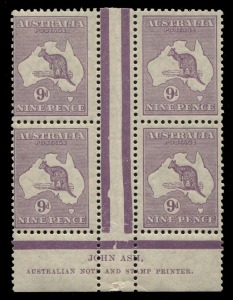 Kangaroos - Small Multiple Watermark: 9d Violet, Ash Imprint blk.(4) with Die II substituted unit at R49, MUH; light overall gum discolouration. BW: 28(4)z - $1500 but unpriced **.