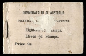 WESTERN AUSTRALIA: BOOKLET: 1910 (ACSC: B5(W)B) 2/- Commonwealth of Australia booklet (black text on pink surfaced card; pale yellow inside) cover and complete original staple, with some loss of text to front; remaining contents 8 x ½d greens, 14 x 1d rose-pink and 3 sheets of waxed interleaving. Cat $15,000 and extremely scarce in any condition!