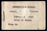 WESTERN AUSTRALIA: BOOKLET: 1910 (ACSC: B5(W)B) 2/- Commonwealth of Australia booklet (black text on pink surfaced card; pale yellow inside) cover and complete original staple, with some loss of text to front; remaining contents 8 x &frac12;d greens, 14 x 1d ros