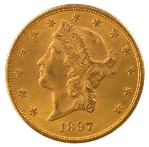 TWENTY DOLLARS 1897, Liberty head, Double Eagle, with San Francisco Mint mark, almost uncirculated.