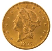 TWENTY DOLLARS 1897, Liberty head, Double Eagle, with San Francisco Mint mark, almost uncirculated.