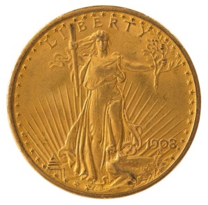 TWENTY DOLLARS 1908, Saint Gaudens; Philadelphia; nearly uncirculated.