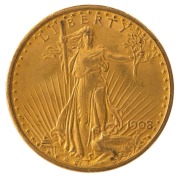 TWENTY DOLLARS 1908, Saint Gaudens; Philadelphia;&nbsp;nearly uncirculated.