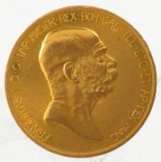 100 Corona, 1908 60th Anniversary of the reign of Franz Josef, gold, 33.875gms. EF condition. - 2