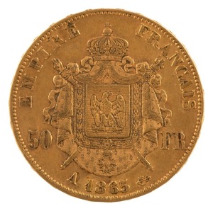 Napoleon III, 1865 fifty francs gold, extremely fine condition.