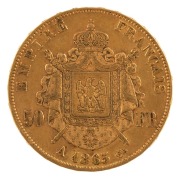 Napoleon&nbsp;III, 1865 fifty francs gold, extremely fine condition.