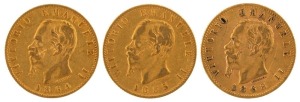 King Vittorio Emanuele II, 20 Lire gold 1864, 1865 & 1868; Mintmarks T and BN on reverse. (3).