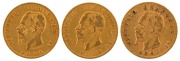 King Vittorio Emanuele II, 20 Lire gold 1864, 1865 & 1868; Mintmarks T and BN on reverse. (3).&nbsp;