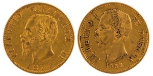 King Vittorio Emanuele II, 20 Lire gold 1877 & 1882; Mintmarks R on reverse. (2).