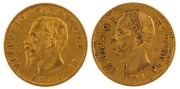 King Vittorio Emanuele II, 20 Lire gold 1877 & 1882; Mintmarks R on reverse. (2).&nbsp;