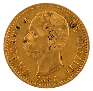 King Vittorio Emanuele II, 20 Lire gold 1882; Mintmark R on reverse.