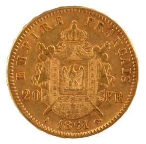 Napoleon III 20 Francs gold 1861; (Barre), Mintmark A.