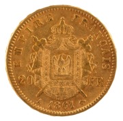 Napoleon III 20 Francs gold 1861; (Barre), Mintmark A.