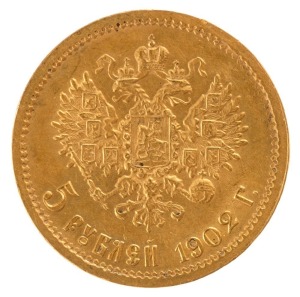 Czar Nicholas II, 5 Roubles gold 1902, aUnc.