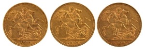 389 · Sovereigns, 1873 and 1884 Young Head, 1900 Veiled head, St. George reverse, (3), VF/EF.