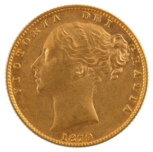 1879 Sovereign, Young head, Shield reverse, Sydney, aUnc.