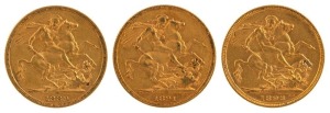 1889, 1891 & 1893 Sovereigns, Jubilee head, St. George reverse, Melbourne, (3), VF/EF.