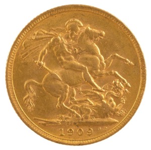 1909 Sovereign, Edward VII, St. George reverse, Melbourne, EF.