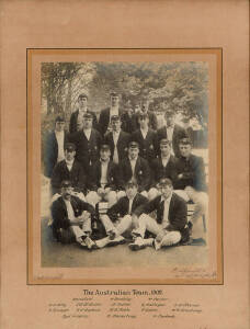 1909 AUSTRALIAN TEAM, original team photograph by Bolland, with title "The Australian Team, 1909" and players names on mount, framed & glazed, overall 38x48cm. G/VG condition.