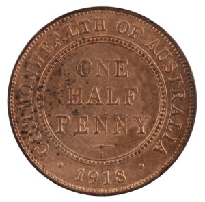 GEORGE V, 1918 Halfpenny, uncirculated. Reverse spotting; obverse stain on effigy. Obverse die crack. Somewhat reflective fields due to being struck with new or fairly new dies. Previously offered described as such through Downie’s Australian Coin Auctions around 2000.