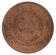 GEORGE V, 1918 Halfpenny,&nbsp;uncirculated. Reverse spotting; obverse stain on effigy. Obverse die crack. Somewhat&nbsp;reflective fields due to being struck with new or fairly new dies. Previously offered described&nbsp;as such through Downie&rsquo;s Australian Coin Auction