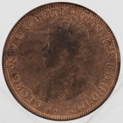 GEORGE V, 1918 Halfpenny,&nbsp;uncirculated. Reverse spotting; obverse stain on effigy. Obverse die crack. Somewhat&nbsp;reflective fields due to being struck with new or fairly new dies. Previously offered described&nbsp;as such through Downie&rsquo;s Australian Coin Auction - 2