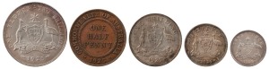 A 1925 set of coins of a very high standard; the Halfpenny: brown uncirculated; the Penny: brown uncirculated; the Threepence, brilliant but baggy; unc.; the Sixpence, uncirculated to choice uncirculated; the Shilling: choice uncirculated; and the Florin, strong lustre; uncirculated, a bit baggy. (6 coins).